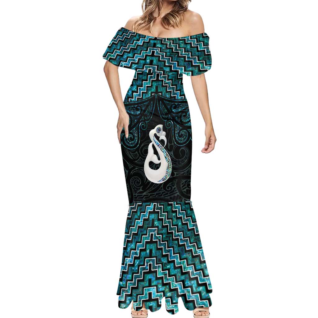 New Zealand Maori Mermaid Dress Poutama Manaia Turquoise Paua Shell