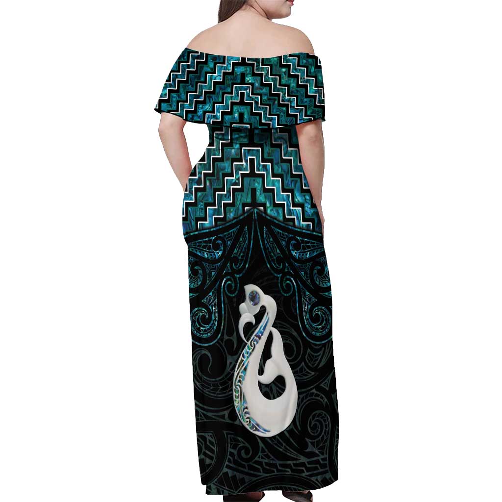 New Zealand Maori Off Shoulder Maxi Dress Poutama Manaia Turquoise Paua Shell