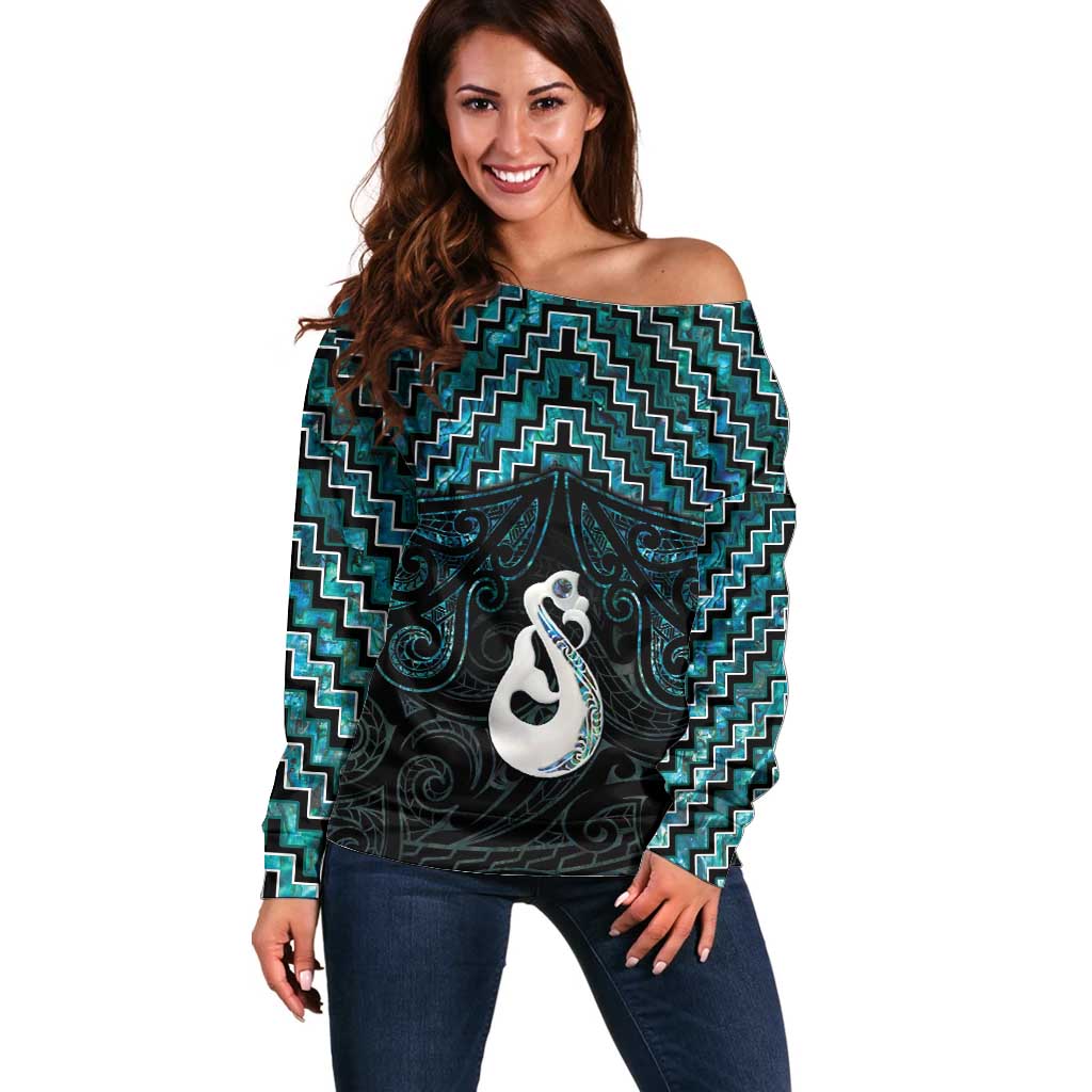 New Zealand Maori Off Shoulder Sweater Poutama Manaia Turquoise Paua Shell LT05 - Vibe Hoodie Shop