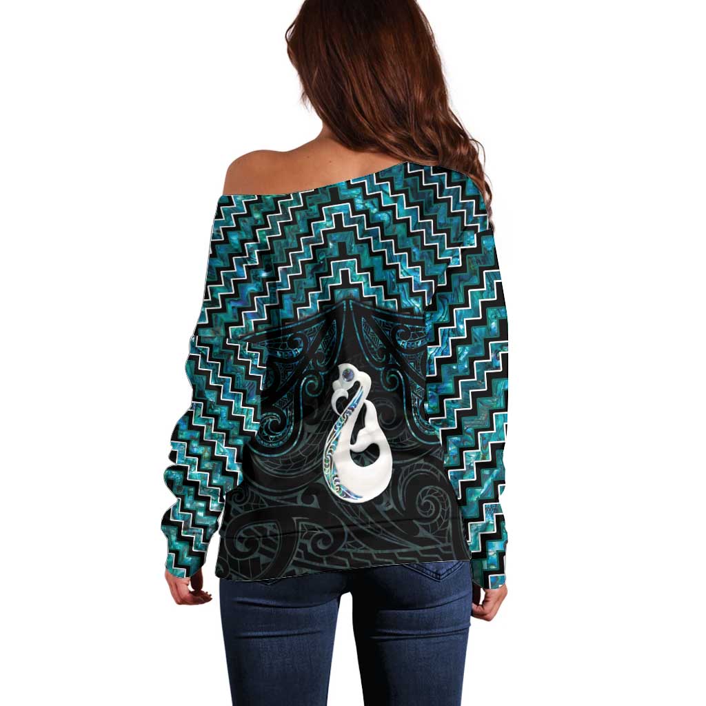 New Zealand Maori Off Shoulder Sweater Poutama Manaia Turquoise Paua Shell LT05 - Vibe Hoodie Shop