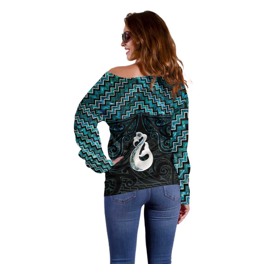 New Zealand Maori Off Shoulder Sweater Poutama Manaia Turquoise Paua Shell LT05 - Vibe Hoodie Shop