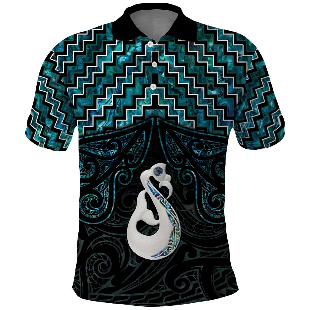 New Zealand Maori Polo Shirt Poutama Manaia Turquoise Paua Shell LT05 - Vibe Hoodie Shop