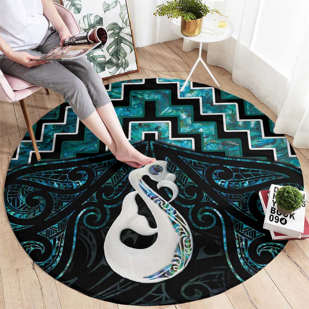 New Zealand Maori Round Carpet Poutama Manaia Turquoise Paua Shell