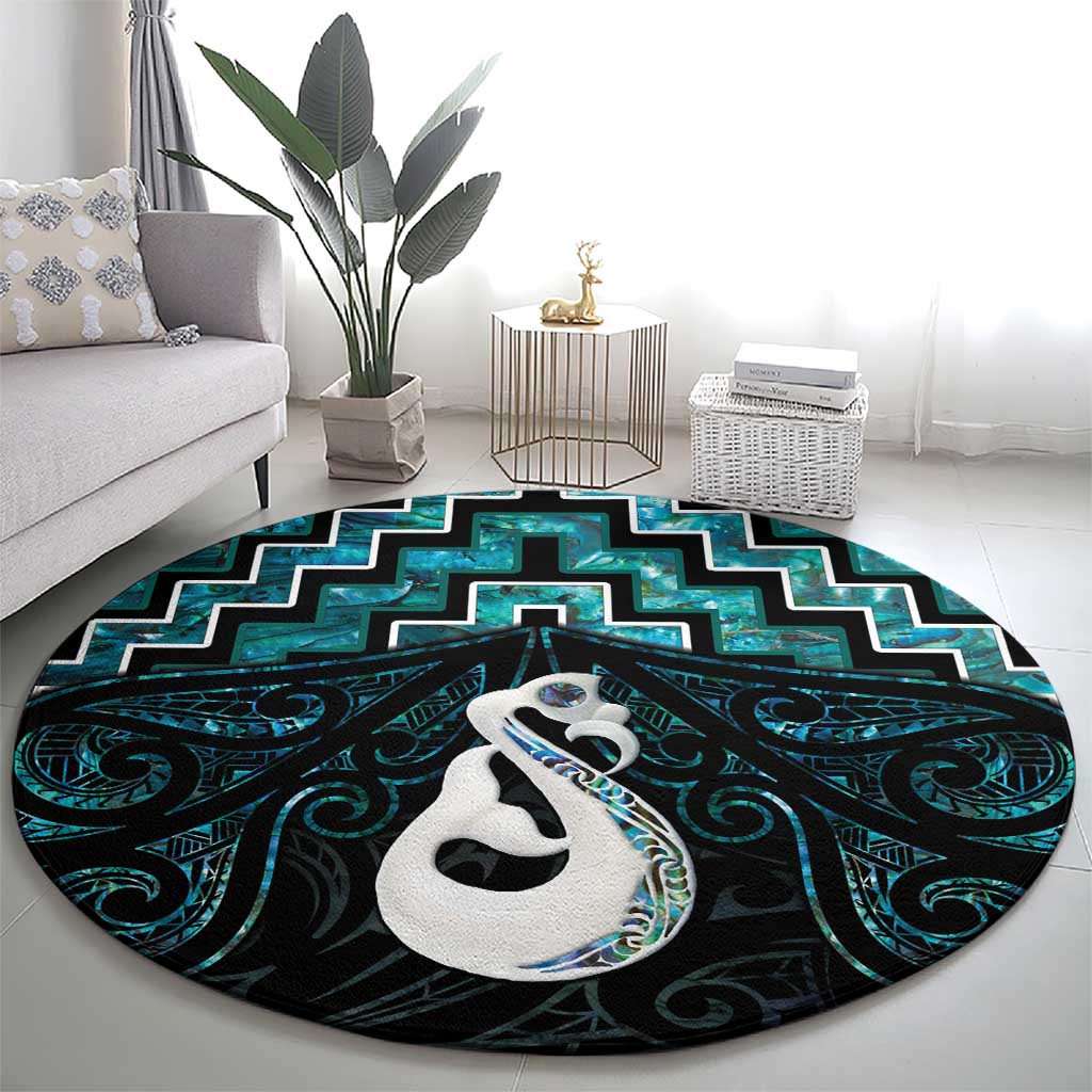 New Zealand Maori Round Carpet Poutama Manaia Turquoise Paua Shell