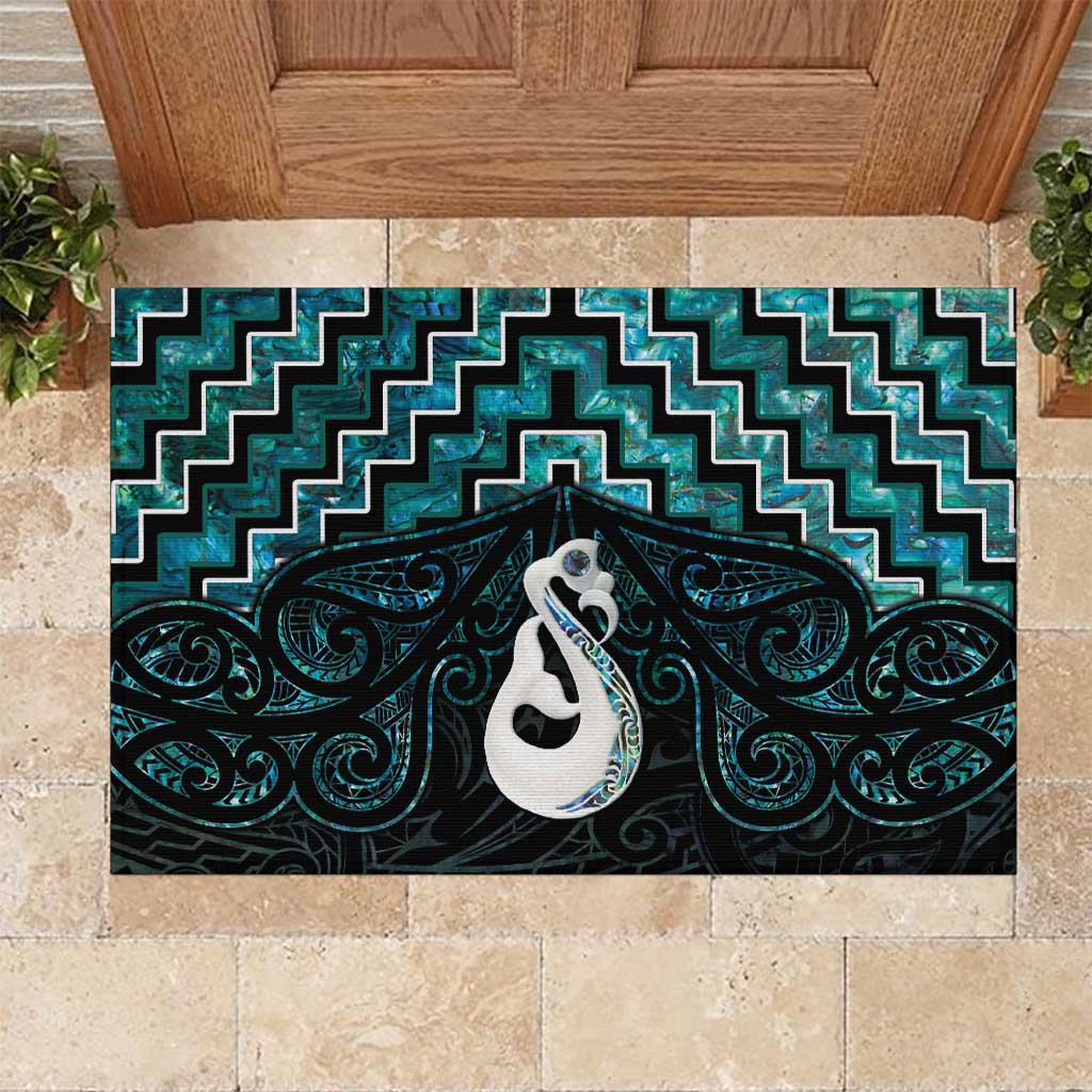 New Zealand Maori Rubber Doormat Poutama Manaia Turquoise Paua Shell