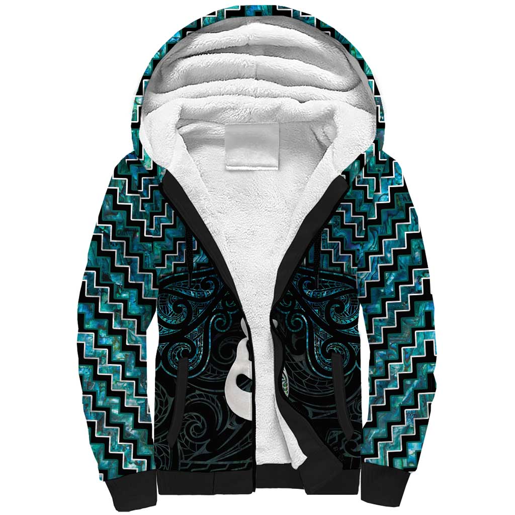 New Zealand Maori Sherpa Hoodie Poutama Manaia Turquoise Paua Shell LT05 - Vibe Hoodie Shop