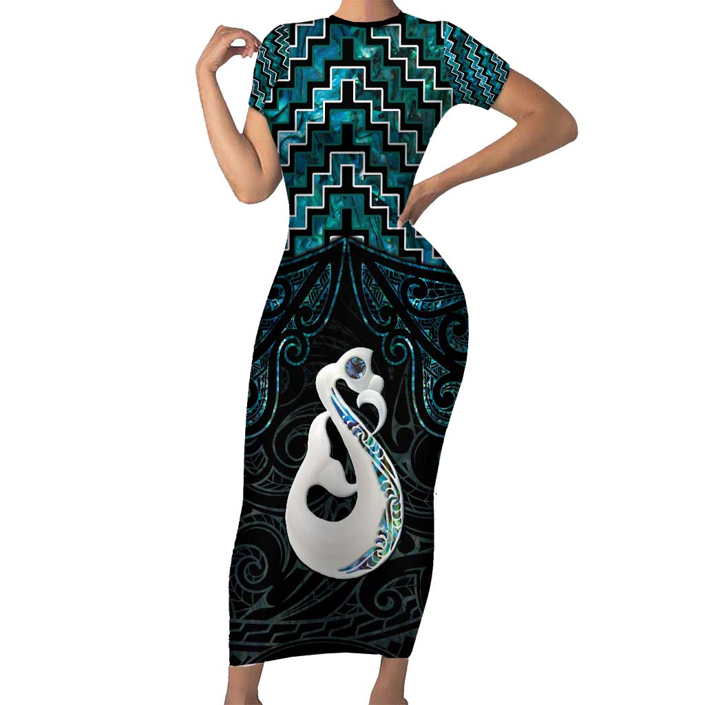 New Zealand Maori Short Sleeve Bodycon Dress Poutama Manaia Turquoise Paua Shell