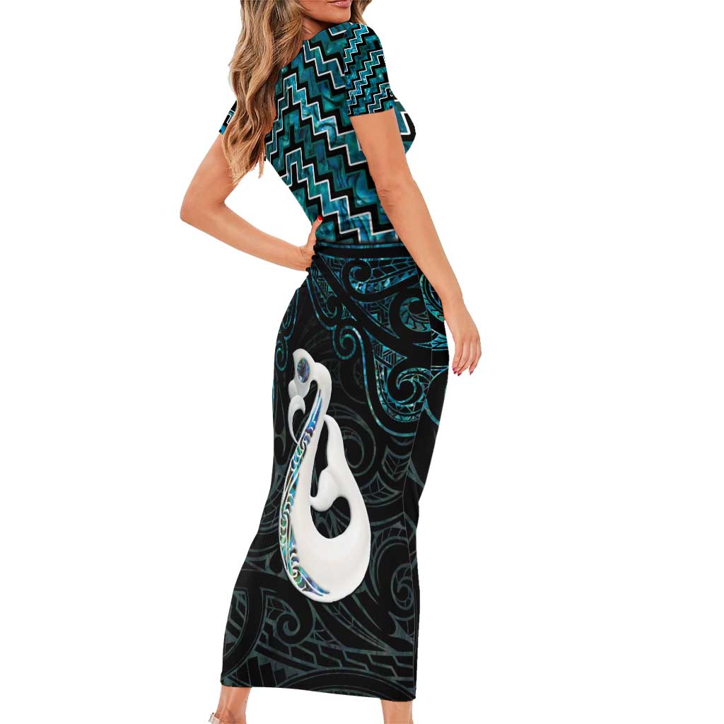 New Zealand Maori Short Sleeve Bodycon Dress Poutama Manaia Turquoise Paua Shell