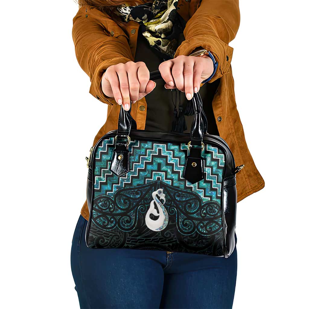 New Zealand Maori Shoulder Handbag Poutama Manaia Turquoise Paua Shell LT05 - Vibe Hoodie Shop