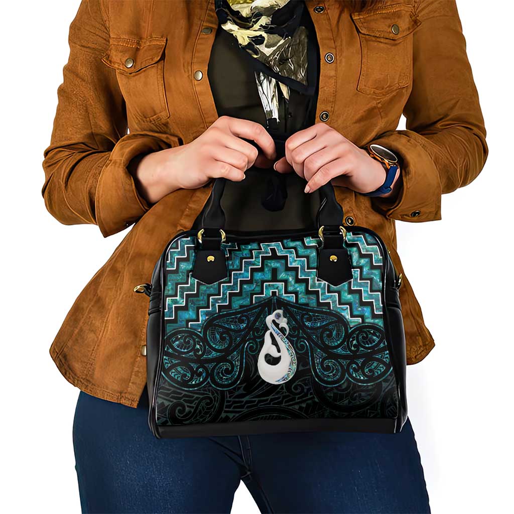 New Zealand Maori Shoulder Handbag Poutama Manaia Turquoise Paua Shell LT05 - Vibe Hoodie Shop