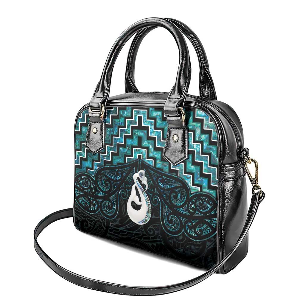 New Zealand Maori Shoulder Handbag Poutama Manaia Turquoise Paua Shell LT05 - Vibe Hoodie Shop