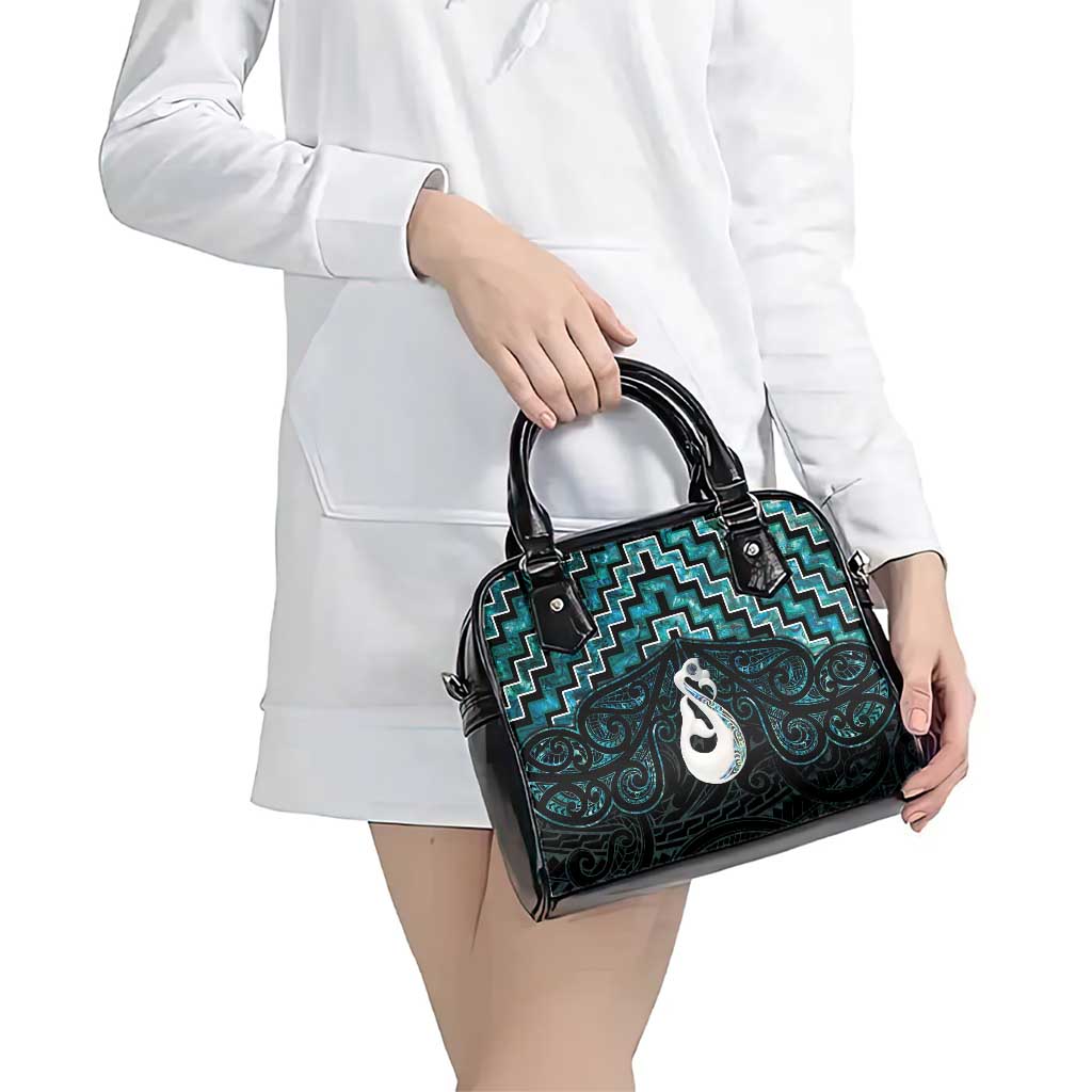 New Zealand Maori Shoulder Handbag Poutama Manaia Turquoise Paua Shell LT05 - Vibe Hoodie Shop