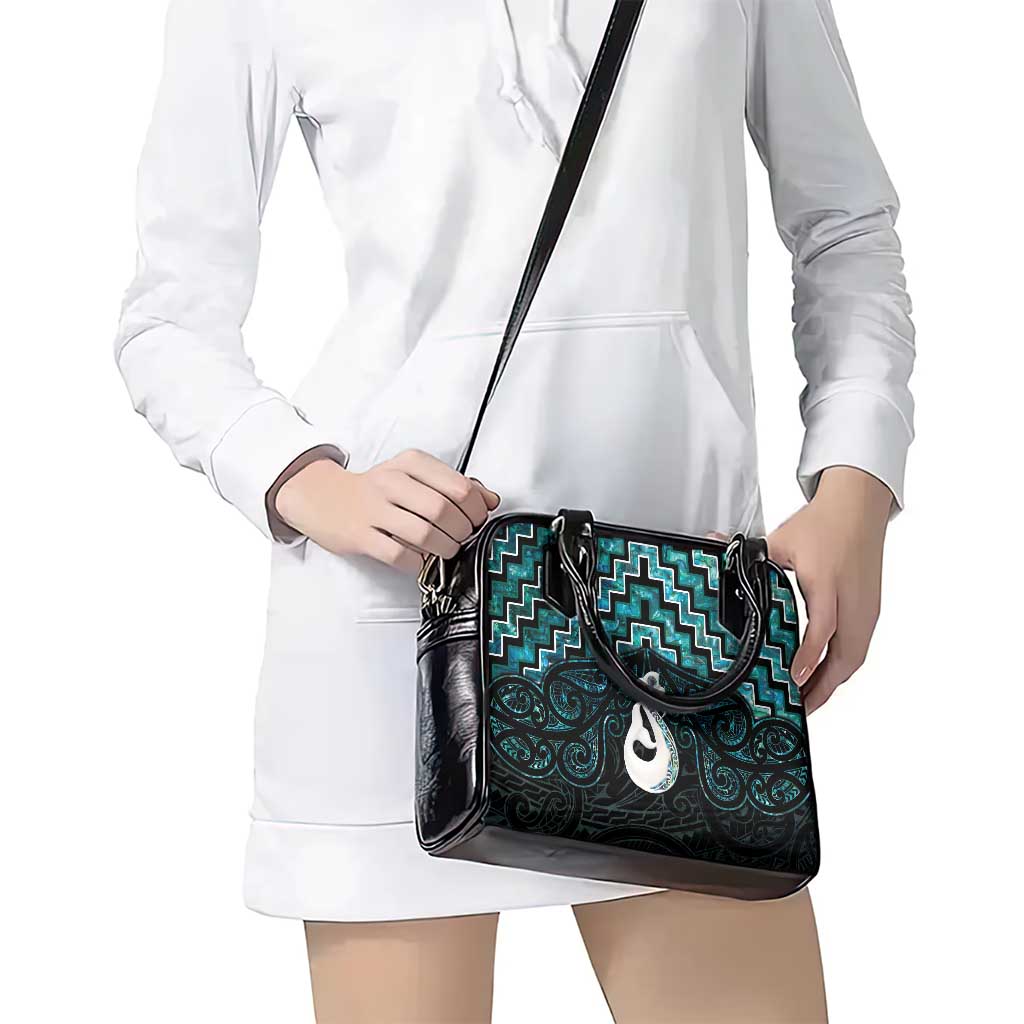 New Zealand Maori Shoulder Handbag Poutama Manaia Turquoise Paua Shell LT05 - Vibe Hoodie Shop