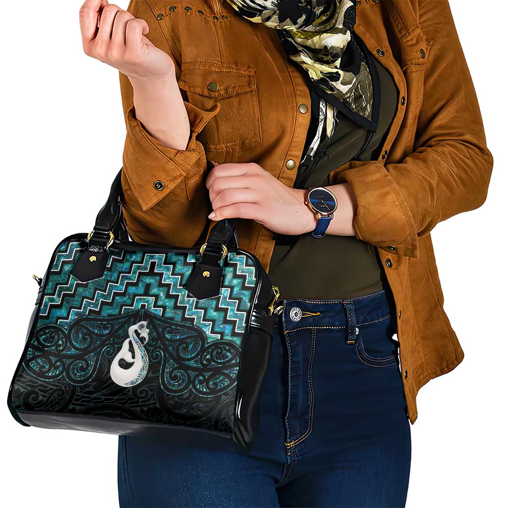 New Zealand Maori Shoulder Handbag Poutama Manaia Turquoise Paua Shell LT05 - Vibe Hoodie Shop