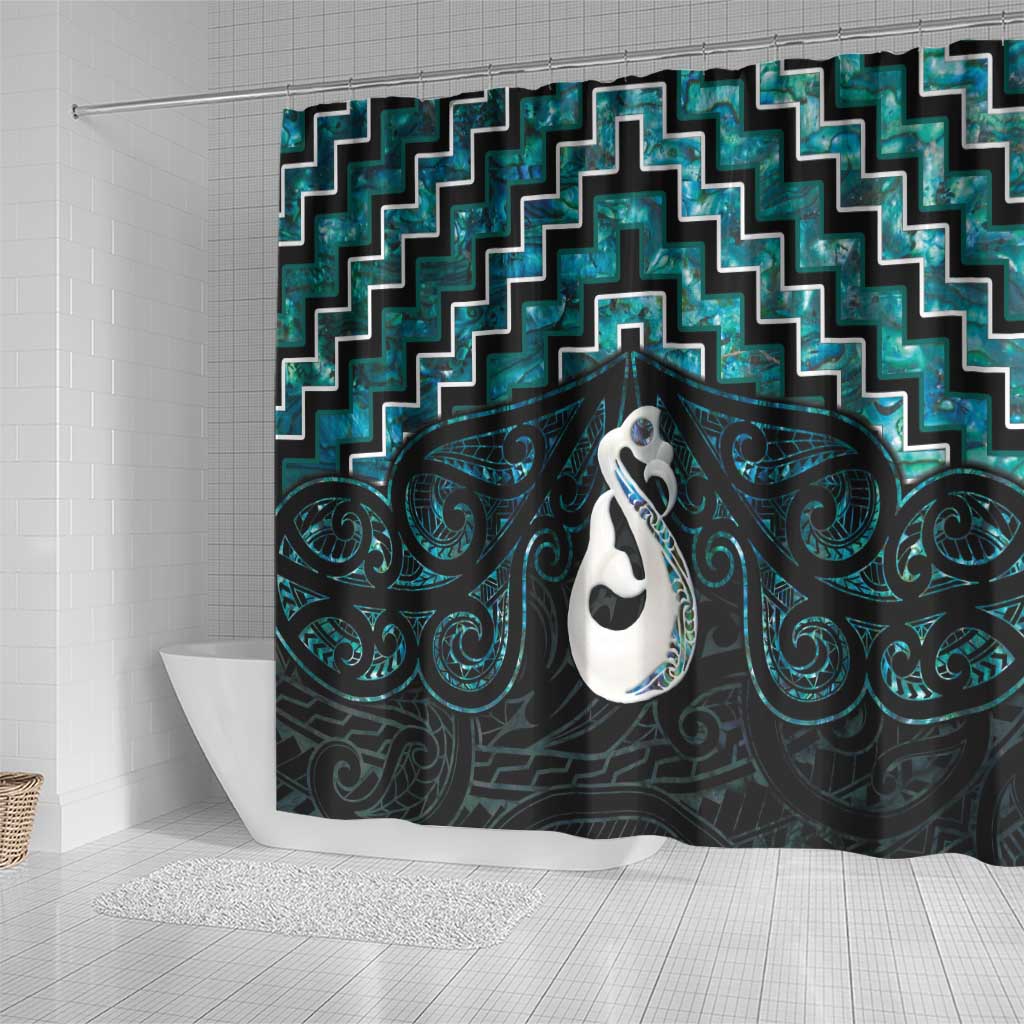 New Zealand Maori Shower Curtain Poutama Manaia Turquoise Paua Shell