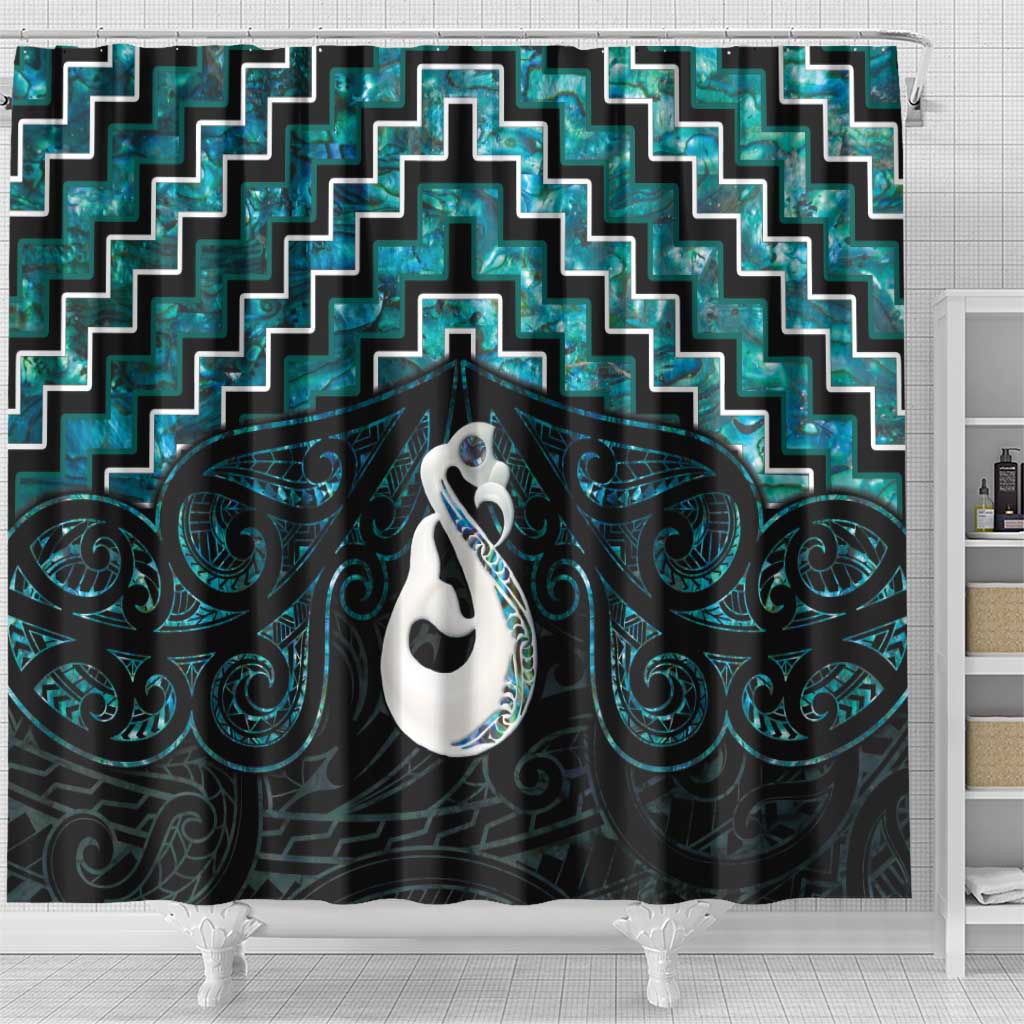 New Zealand Maori Shower Curtain Poutama Manaia Turquoise Paua Shell