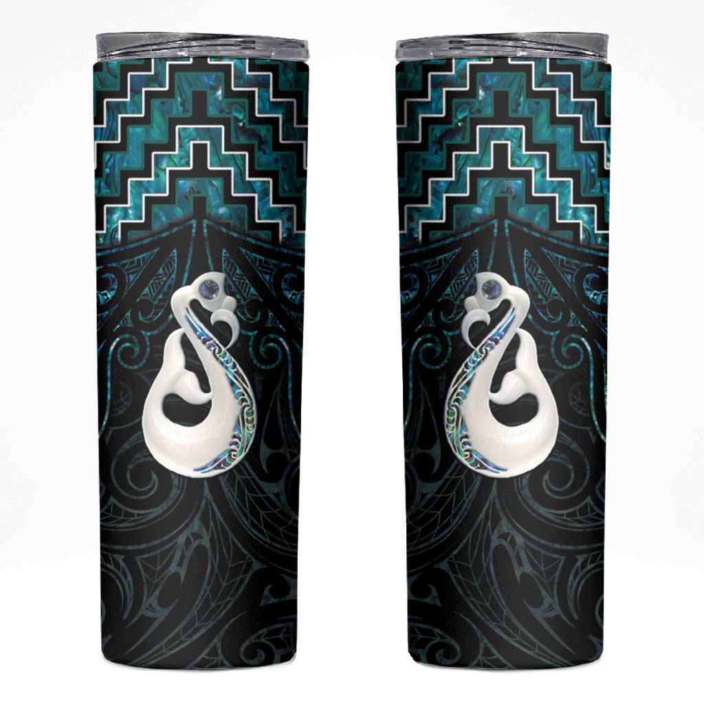 New Zealand Maori Skinny Tumbler Poutama Manaia Turquoise Paua Shell