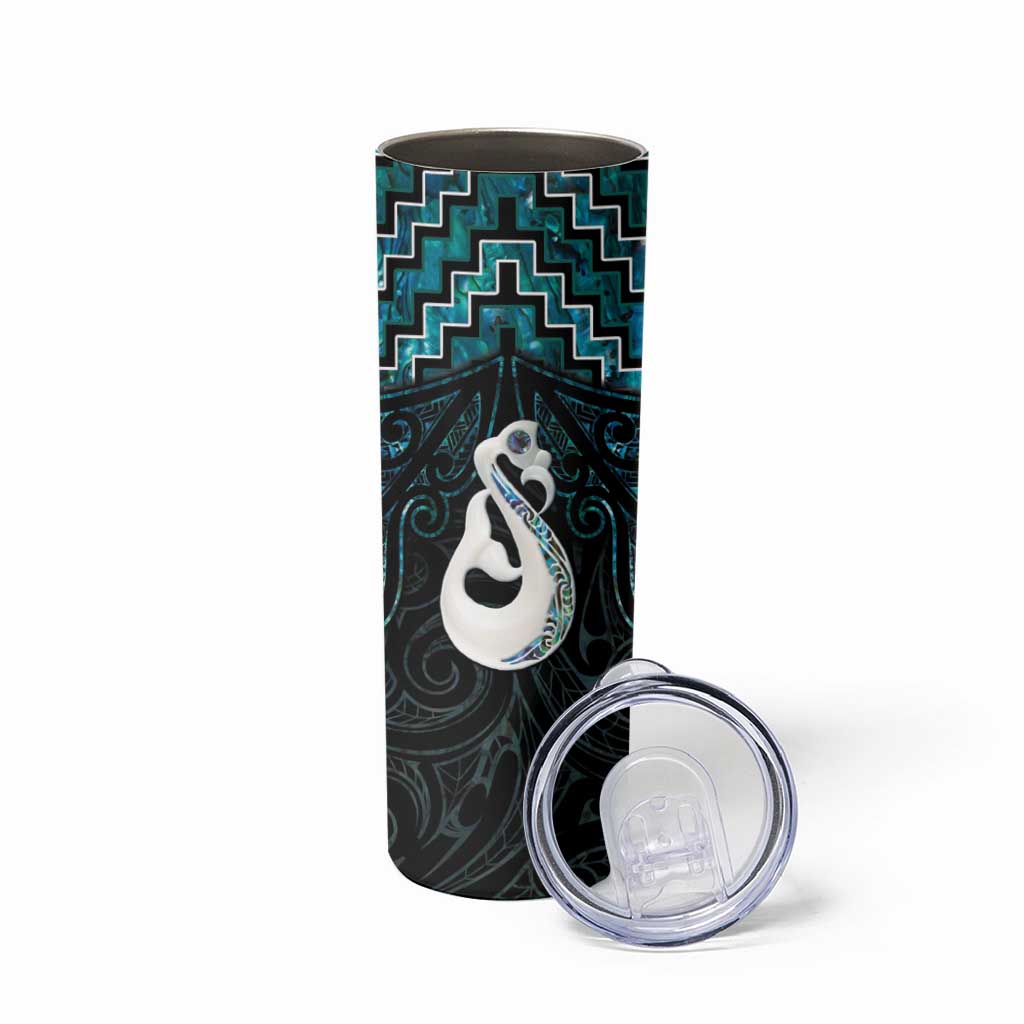 New Zealand Maori Skinny Tumbler Poutama Manaia Turquoise Paua Shell