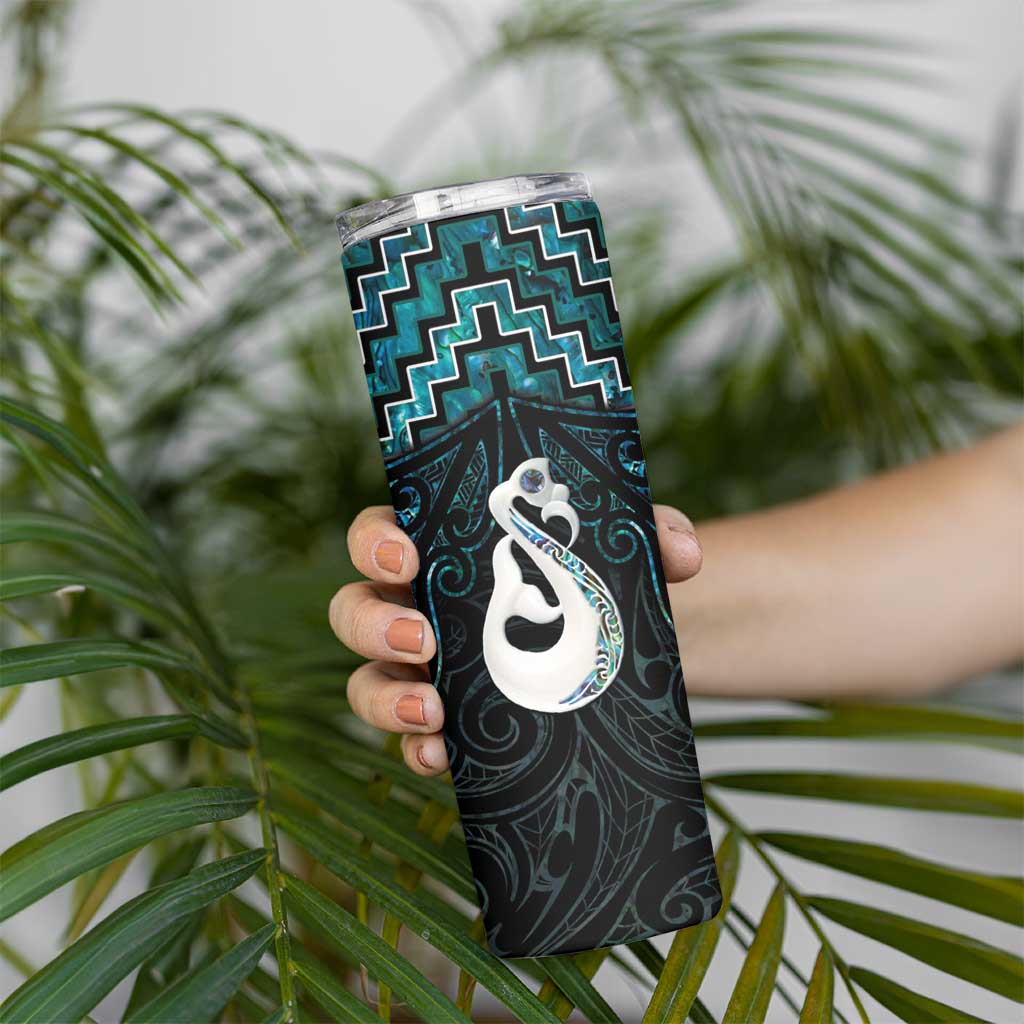 New Zealand Maori Skinny Tumbler Poutama Manaia Turquoise Paua Shell