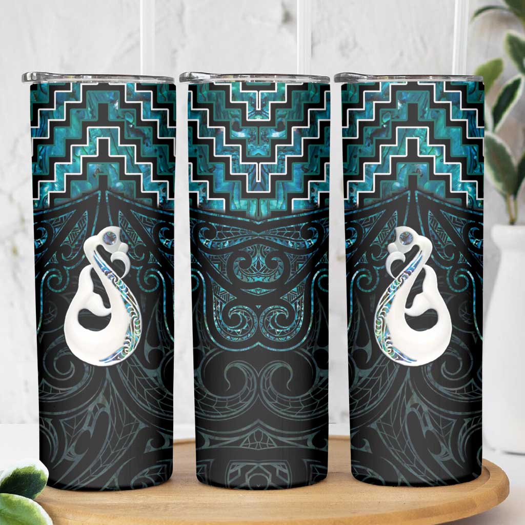 New Zealand Maori Skinny Tumbler Poutama Manaia Turquoise Paua Shell