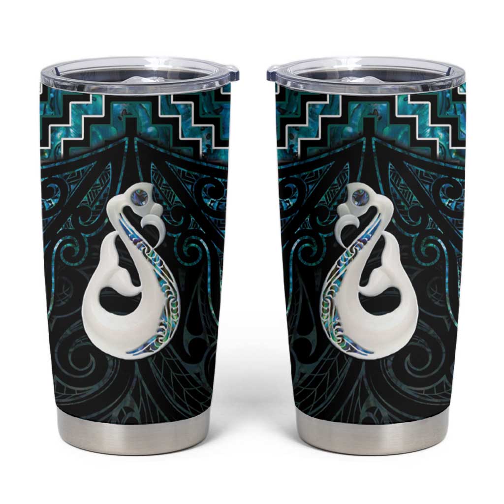 New Zealand Maori Tumbler Cup Poutama Manaia Turquoise Paua Shell