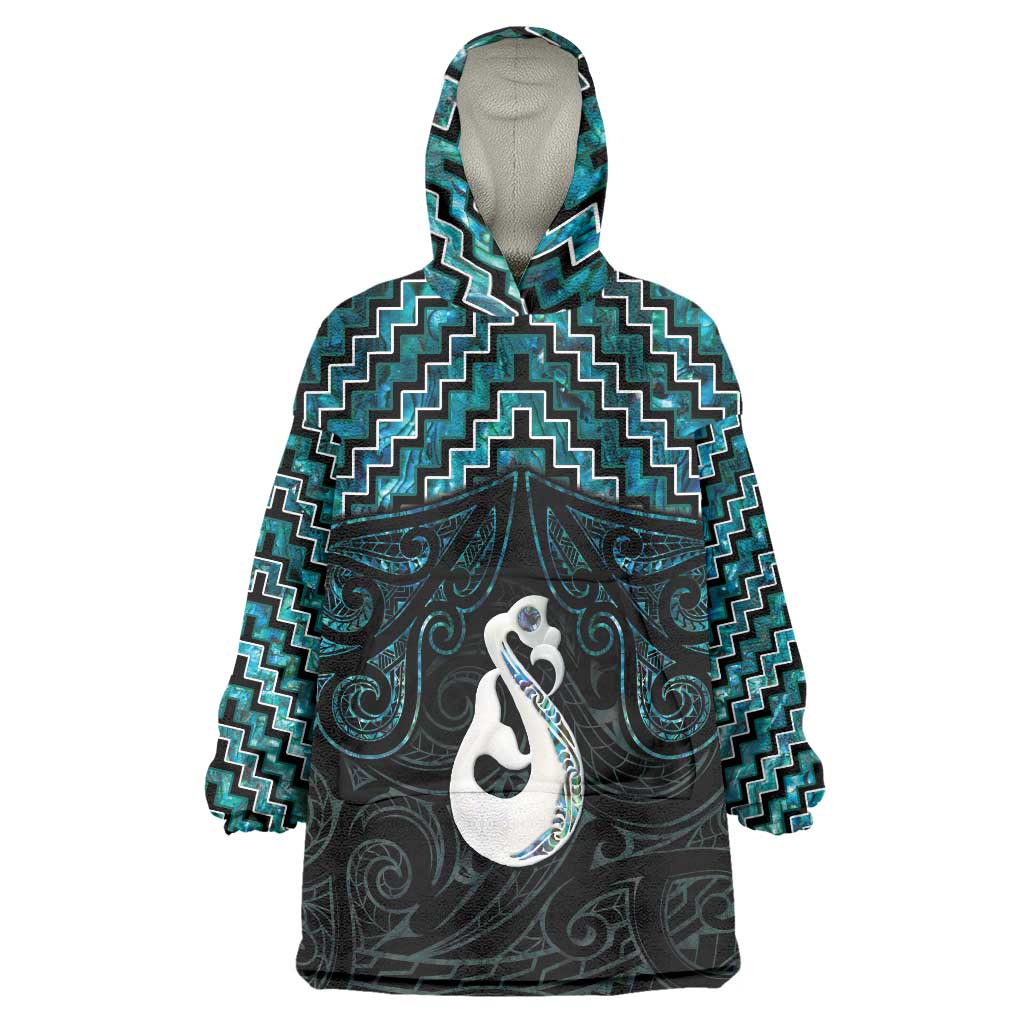 New Zealand Maori Wearable Blanket Hoodie Poutama Manaia Turquoise Paua Shell LT05 - Vibe Hoodie Shop