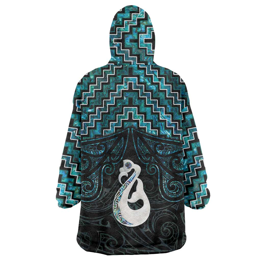 New Zealand Maori Wearable Blanket Hoodie Poutama Manaia Turquoise Paua Shell LT05 - Vibe Hoodie Shop