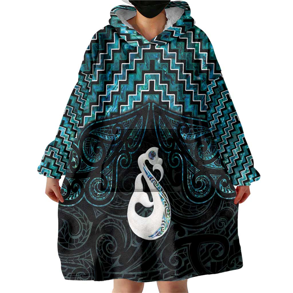 New Zealand Maori Wearable Blanket Hoodie Poutama Manaia Turquoise Paua Shell LT05 - Vibe Hoodie Shop