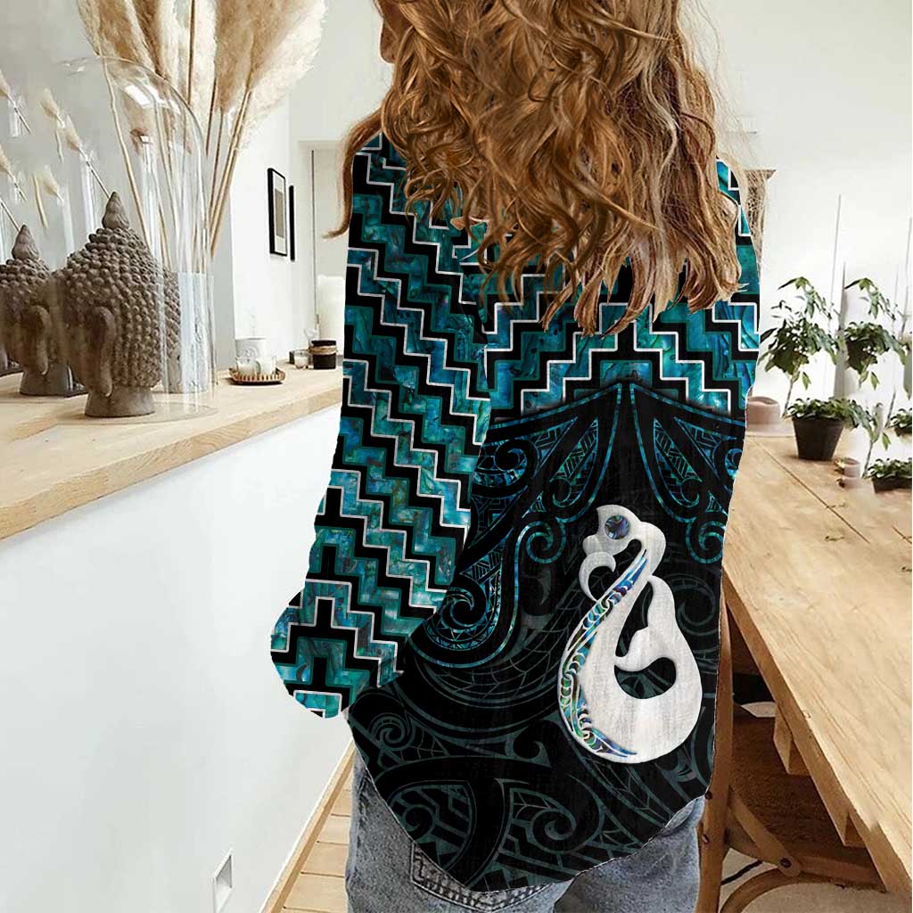 New Zealand Maori Women Casual Shirt Poutama Manaia Turquoise Paua Shell LT05 - Vibe Hoodie Shop