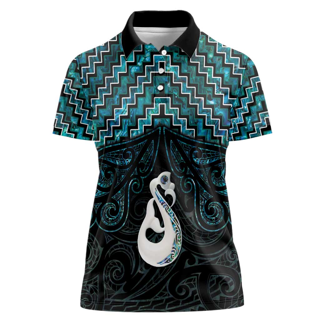 New Zealand Maori Women Polo Shirt Poutama Manaia Turquoise Paua Shell LT05 - Vibe Hoodie Shop