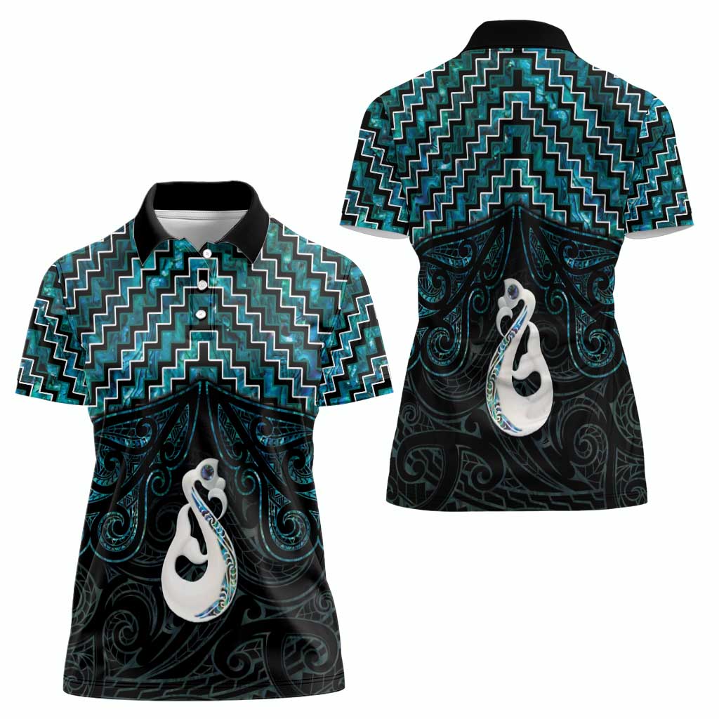 New Zealand Maori Women Polo Shirt Poutama Manaia Turquoise Paua Shell LT05 - Vibe Hoodie Shop