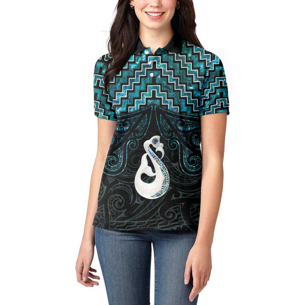 New Zealand Maori Women Polo Shirt Poutama Manaia Turquoise Paua Shell LT05 - Vibe Hoodie Shop