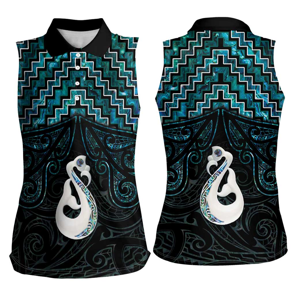 New Zealand Maori Women Sleeveless Polo Shirt Poutama Manaia Turquoise Paua Shell