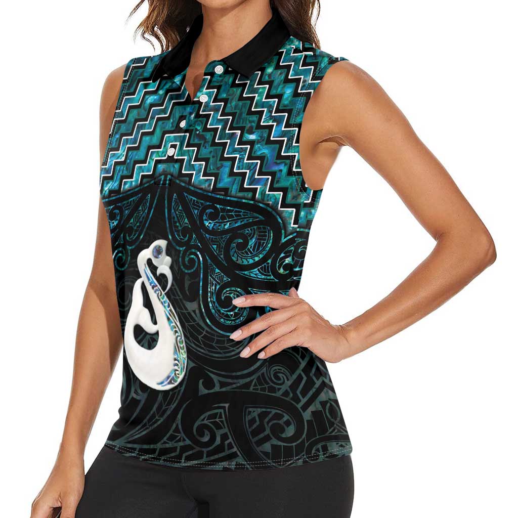 New Zealand Maori Women Sleeveless Polo Shirt Poutama Manaia Turquoise Paua Shell