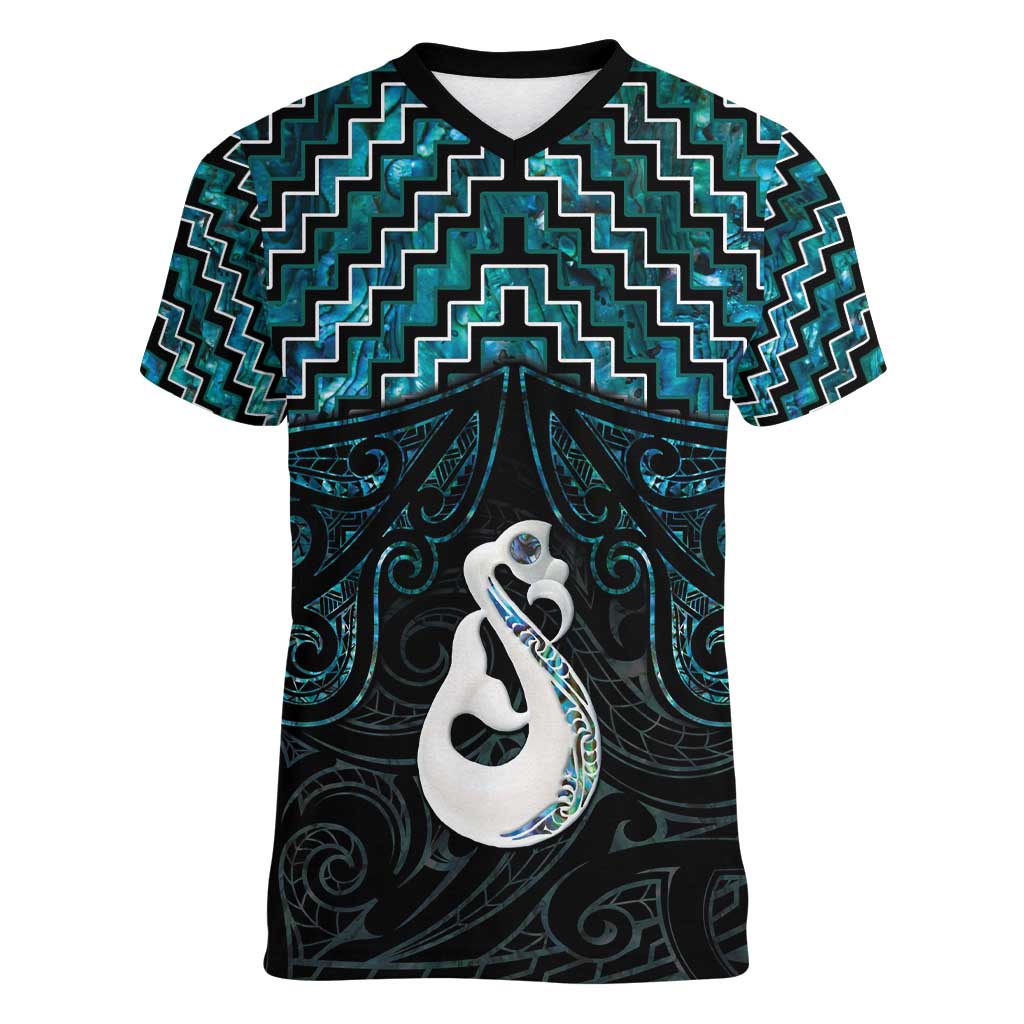 New Zealand Maori Women V-Neck T-Shirt Poutama Manaia Turquoise Paua Shell LT05 - Vibe Hoodie Shop