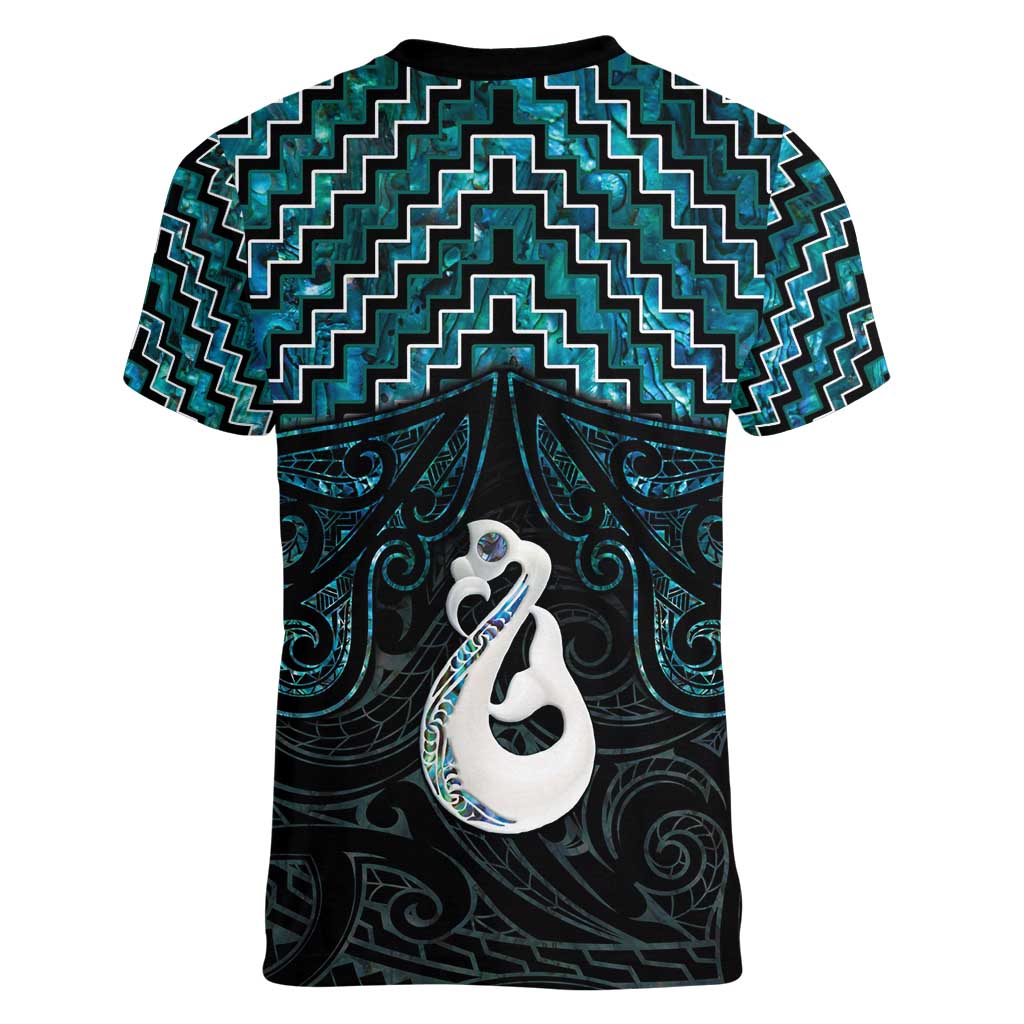 New Zealand Maori Women V-Neck T-Shirt Poutama Manaia Turquoise Paua Shell LT05 - Vibe Hoodie Shop