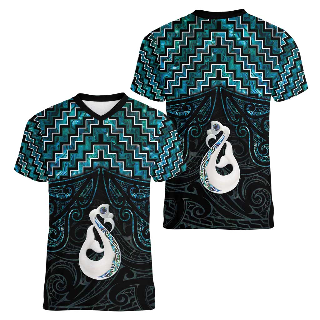 New Zealand Maori Women V-Neck T-Shirt Poutama Manaia Turquoise Paua Shell LT05 - Vibe Hoodie Shop