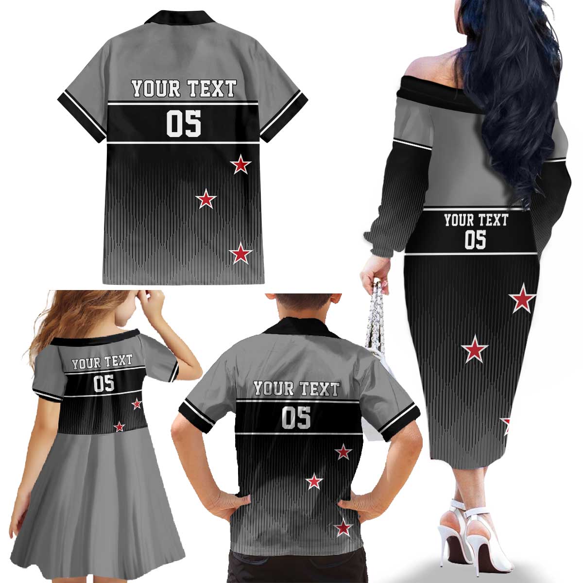 Custom New Zealand Cricket Family Matching Off The Shoulder Long Sleeve Dress and Hawaiian Shirt Black Cap Unbeatable