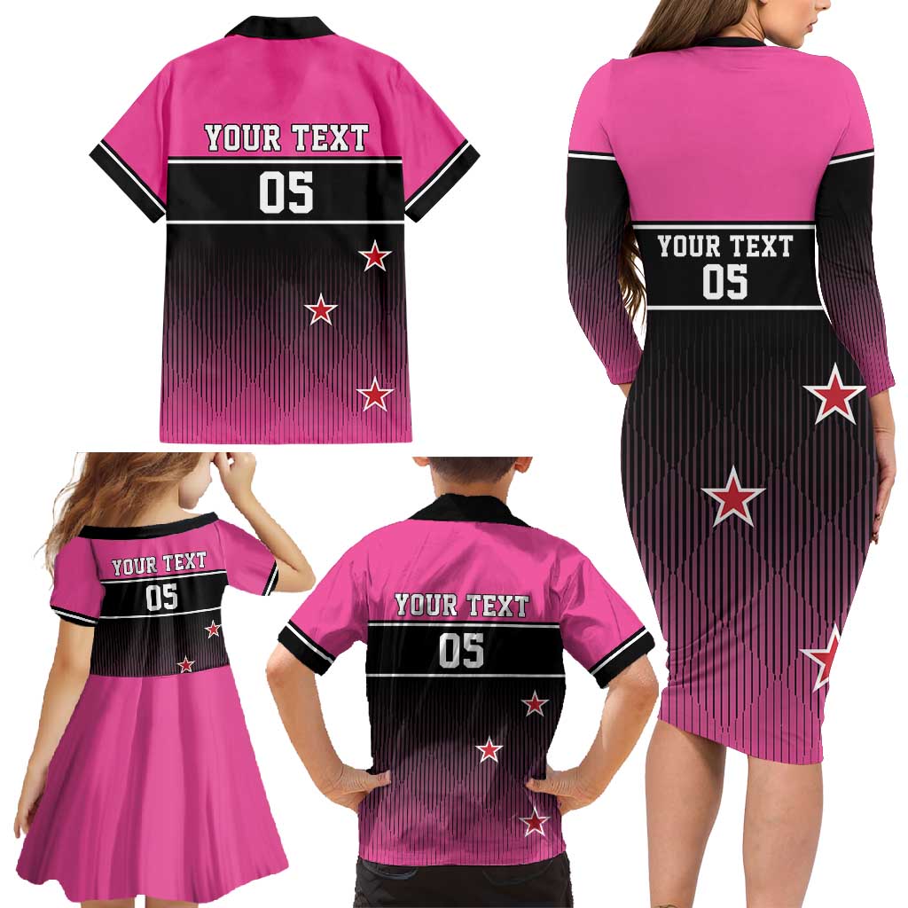 Custom New Zealand Women Cricket Family Matching Long Sleeve Bodycon Dress and Hawaiian Shirt Pink Simple Style