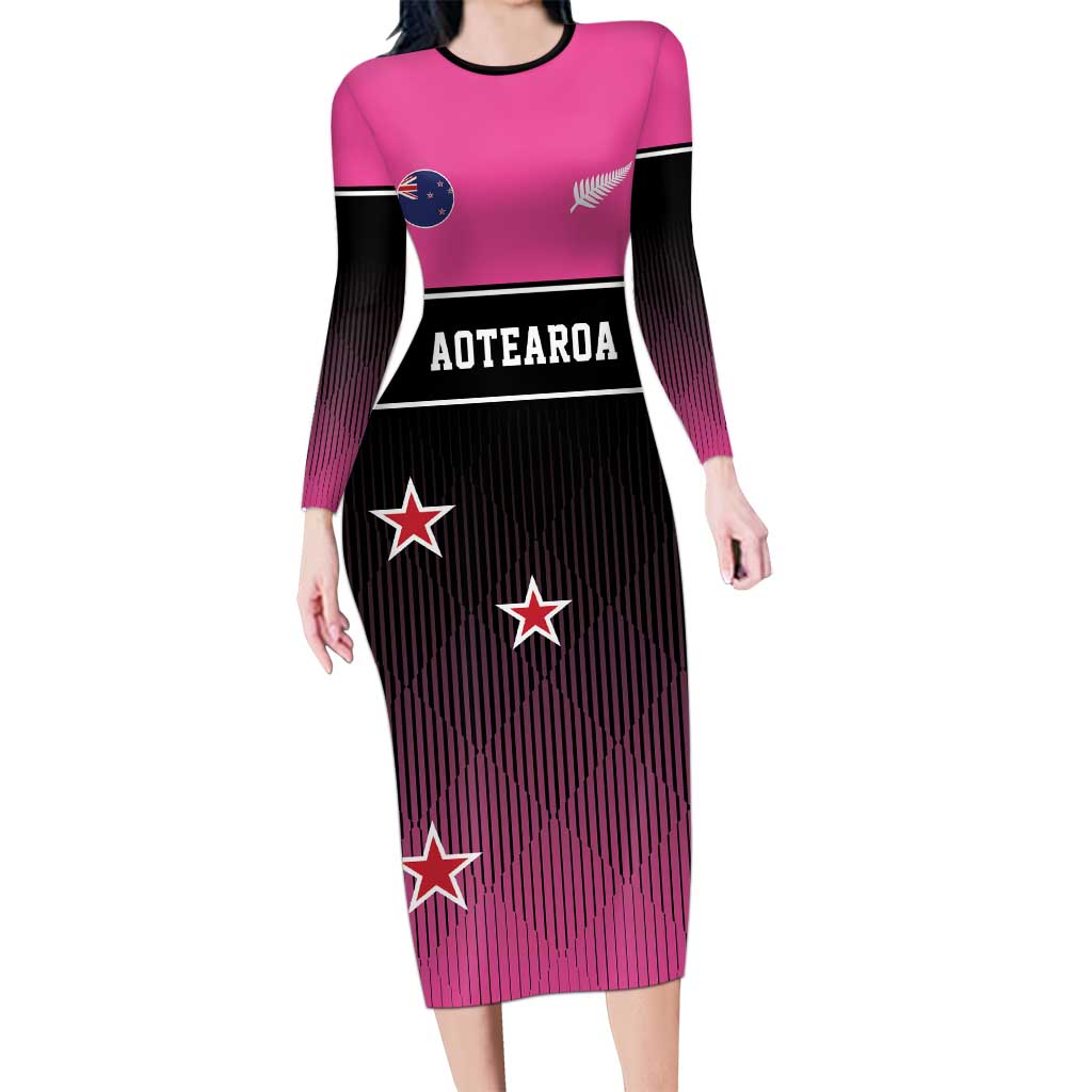 Custom New Zealand Women Cricket Family Matching Long Sleeve Bodycon Dress and Hawaiian Shirt Pink Simple Style