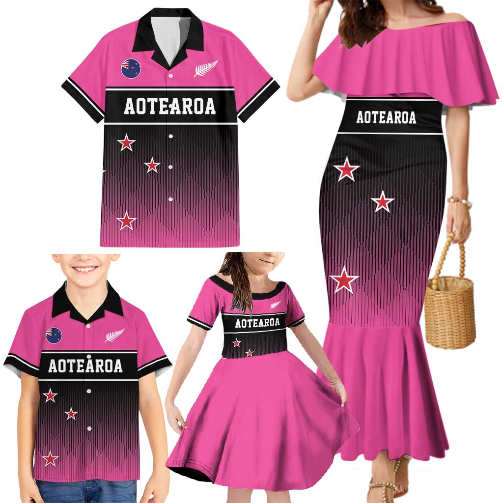 Custom New Zealand Women Cricket Family Matching Mermaid Dress and Hawaiian Shirt Pink Simple Style