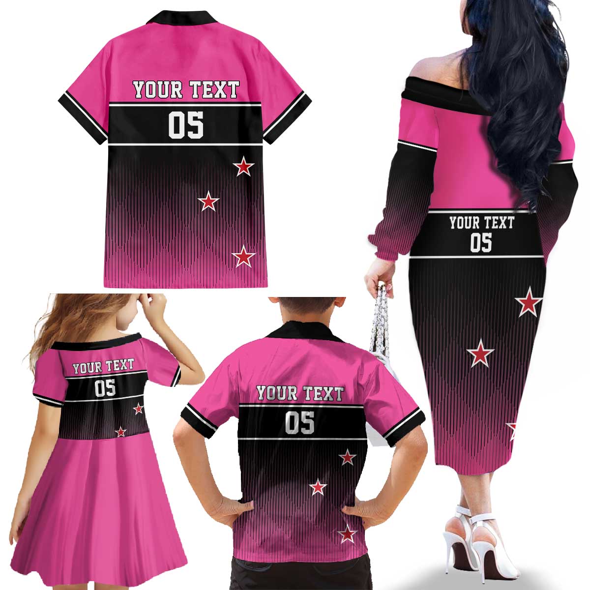 Custom New Zealand Women Cricket Family Matching Off The Shoulder Long Sleeve Dress and Hawaiian Shirt Pink Simple Style