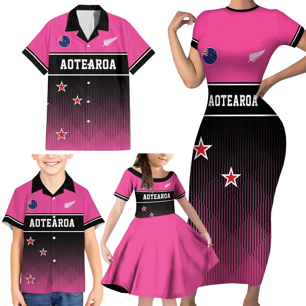 Custom New Zealand Women Cricket Family Matching Short Sleeve Bodycon Dress and Hawaiian Shirt Pink Simple Style