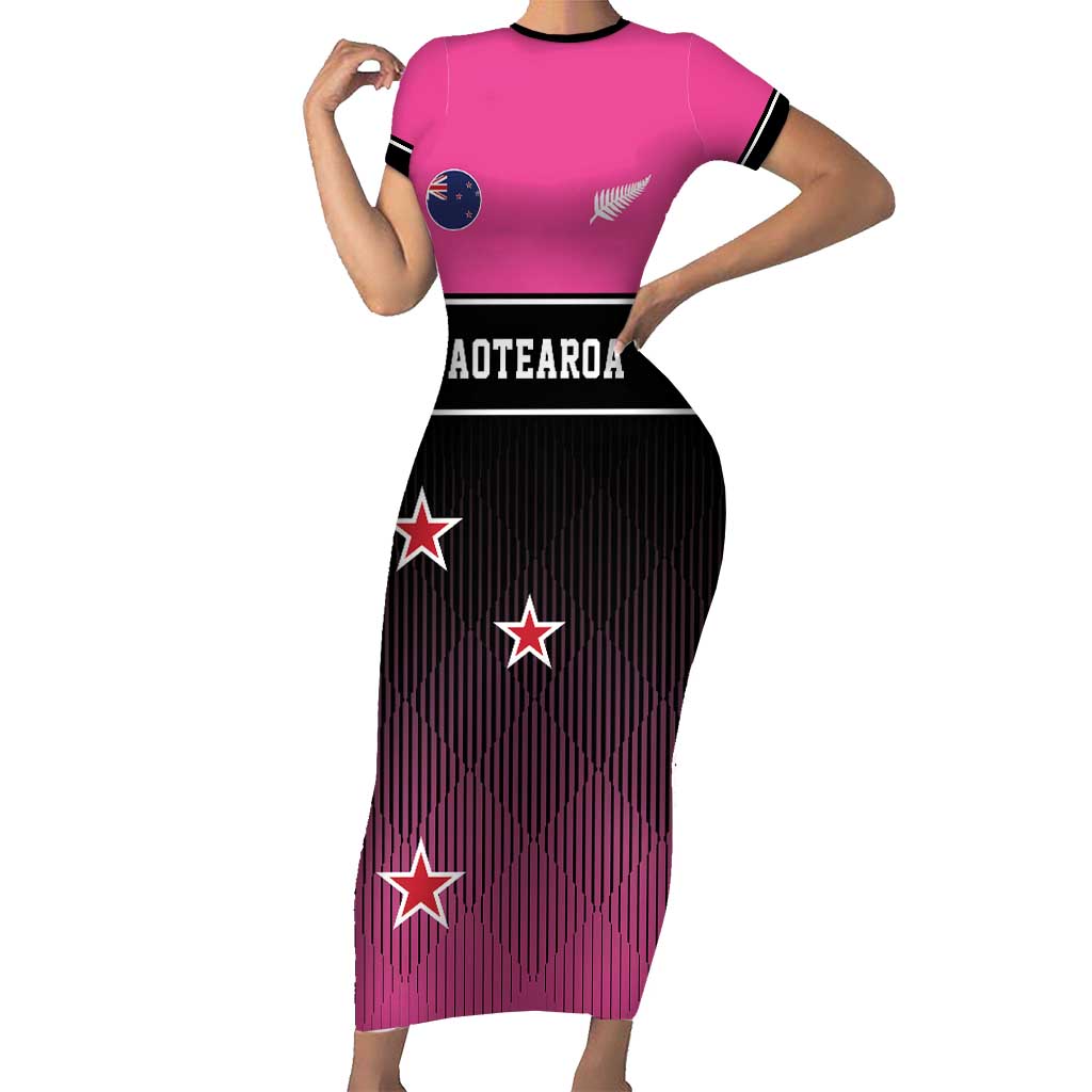 Custom New Zealand Women Cricket Family Matching Short Sleeve Bodycon Dress and Hawaiian Shirt Pink Simple Style