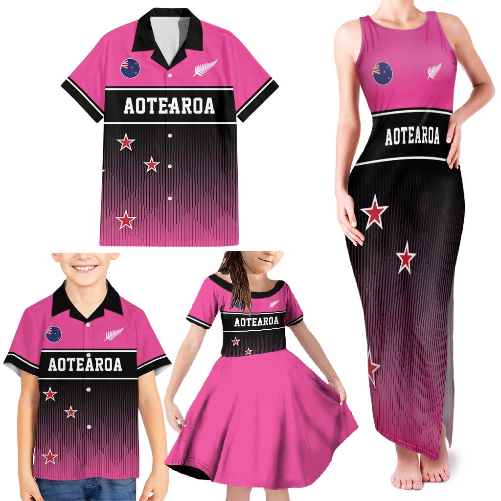 Custom New Zealand Women Cricket Family Matching Tank Maxi Dress and Hawaiian Shirt Pink Simple Style