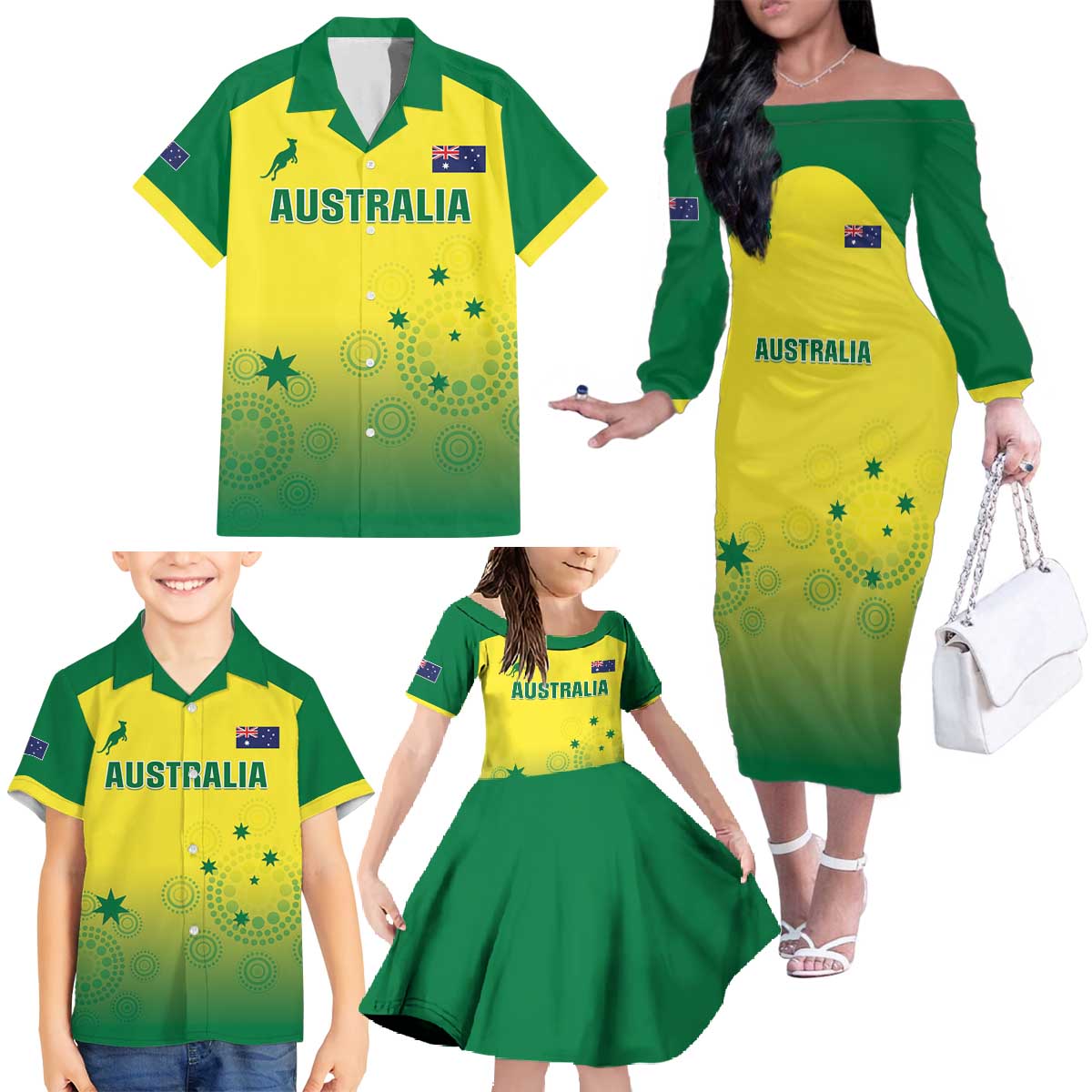 Custom Australia Cricket Family Matching Off The Shoulder Long Sleeve Dress and Hawaiian Shirt Go Champions Aussies LT05