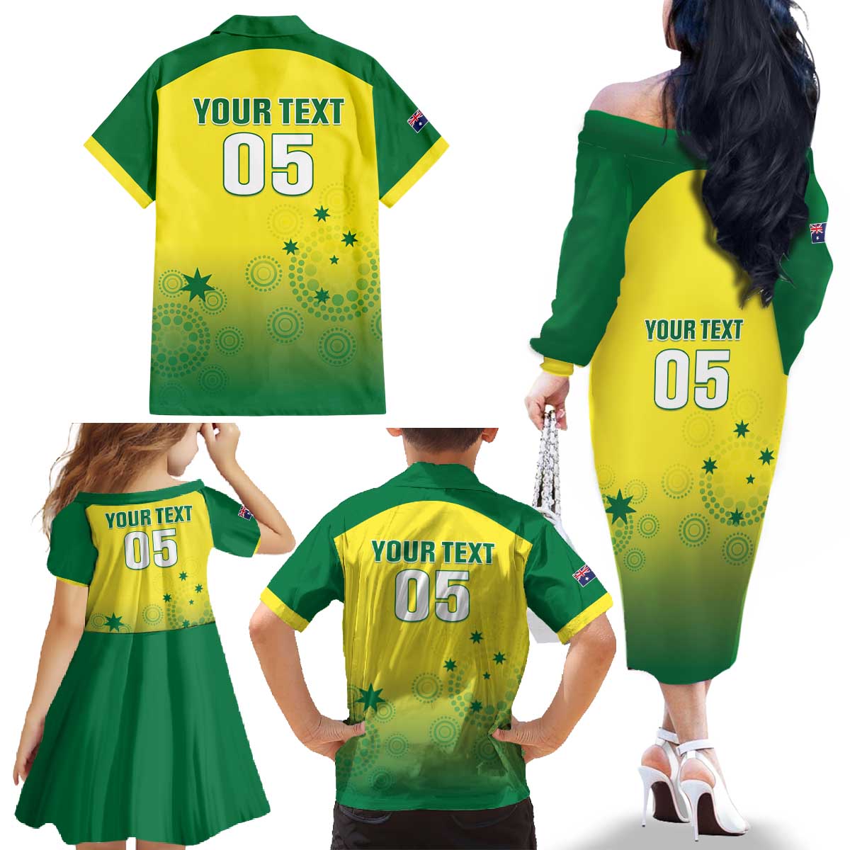 Custom Australia Cricket Family Matching Off The Shoulder Long Sleeve Dress and Hawaiian Shirt Go Champions Aussies LT05