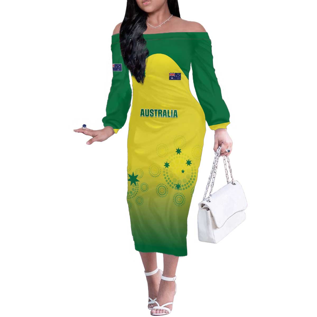 Custom Australia Cricket Family Matching Off The Shoulder Long Sleeve Dress and Hawaiian Shirt Go Champions Aussies LT05