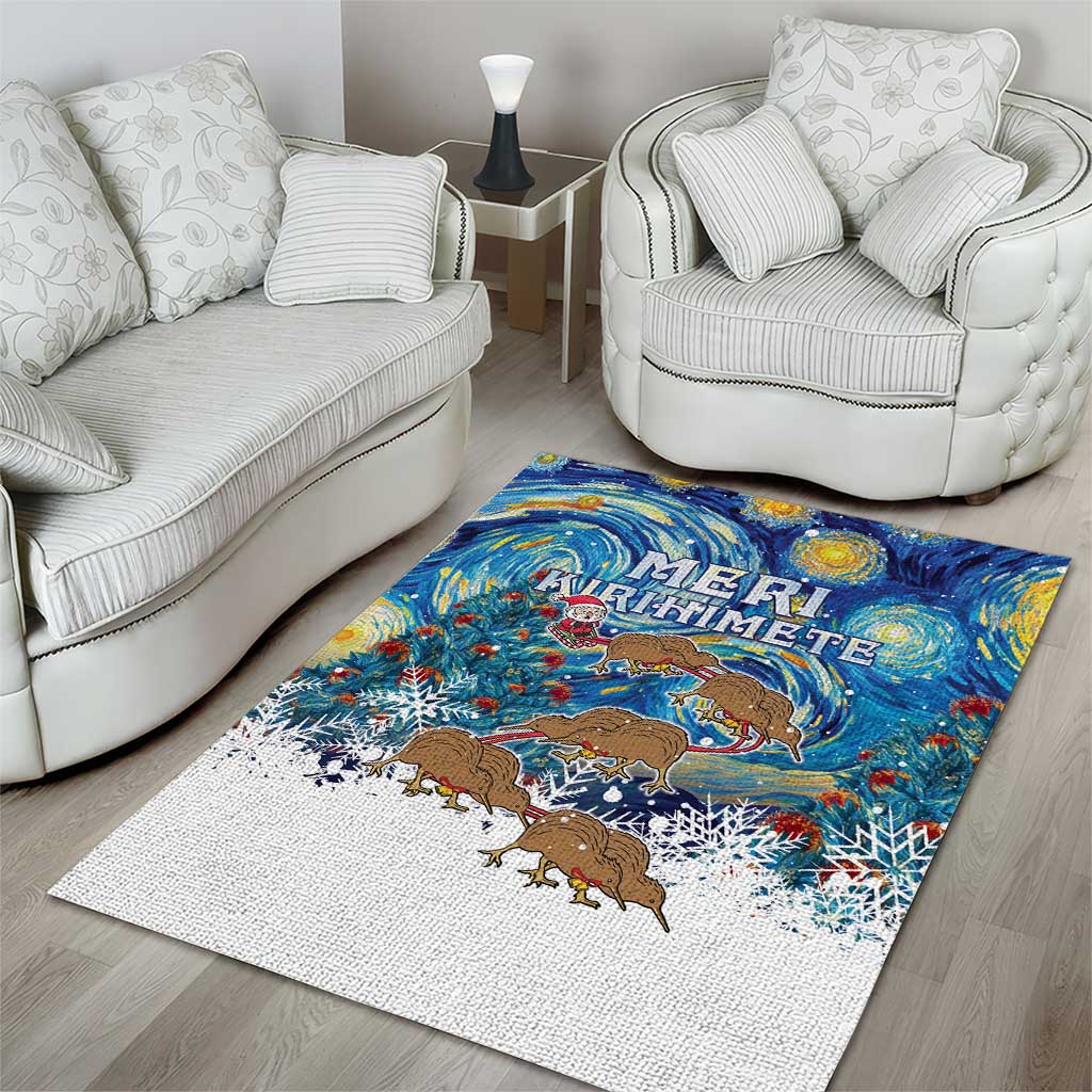 New Zealand Christmas Area Rug Kiwis Santa Sleigh Starry Night Style LT05 - Vibe Hoodie Shop