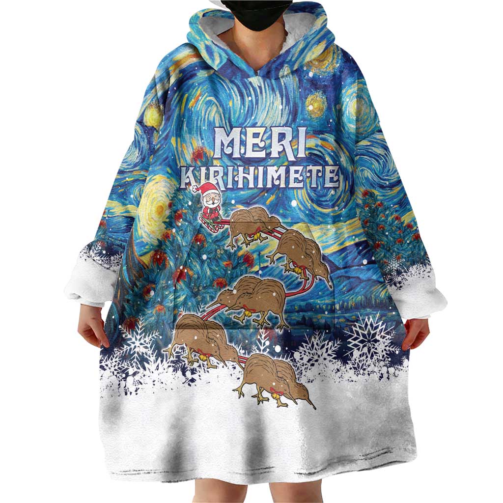 New Zealand Christmas Wearable Blanket Hoodie Kiwis Santa Sleigh Starry Night Style LT05 - Vibe Hoodie Shop